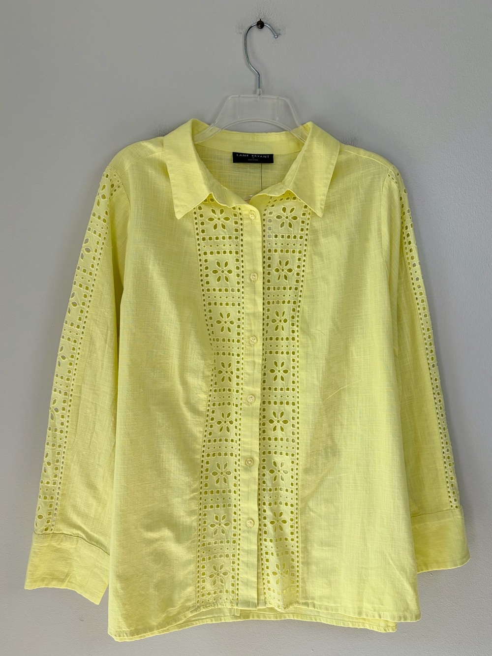 Lane Bryant Bright Yellow Cotton Eyelet Detail Collared Button Down Blouse Top
